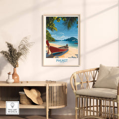 Phuket Travel Poster showcasing a tropical beach and boat, perfect for wall art and wanderlust inspiration.
