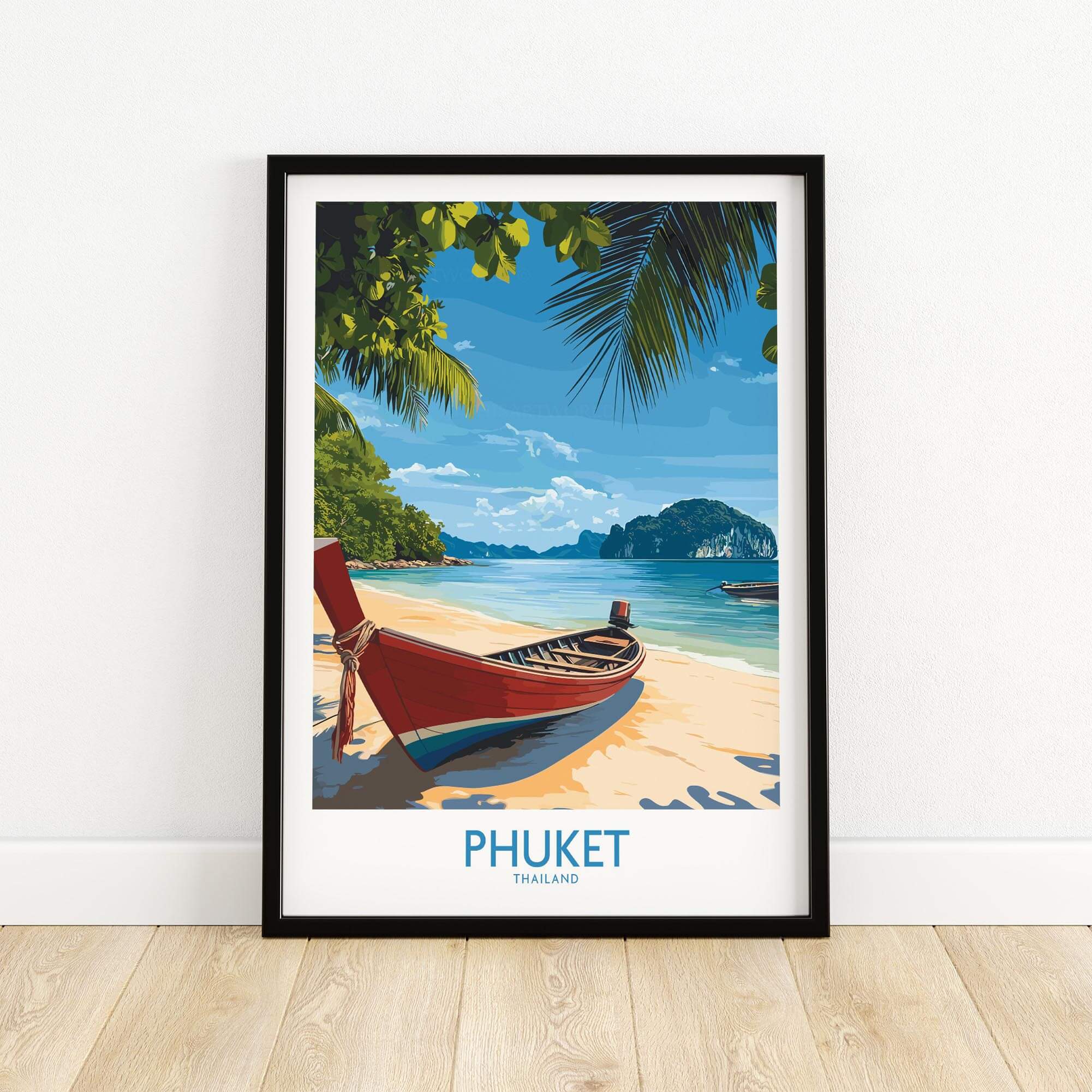 Phuket Travel Poster featuring a scenic beach view with a traditional boat and tropical landscape in Thailand.