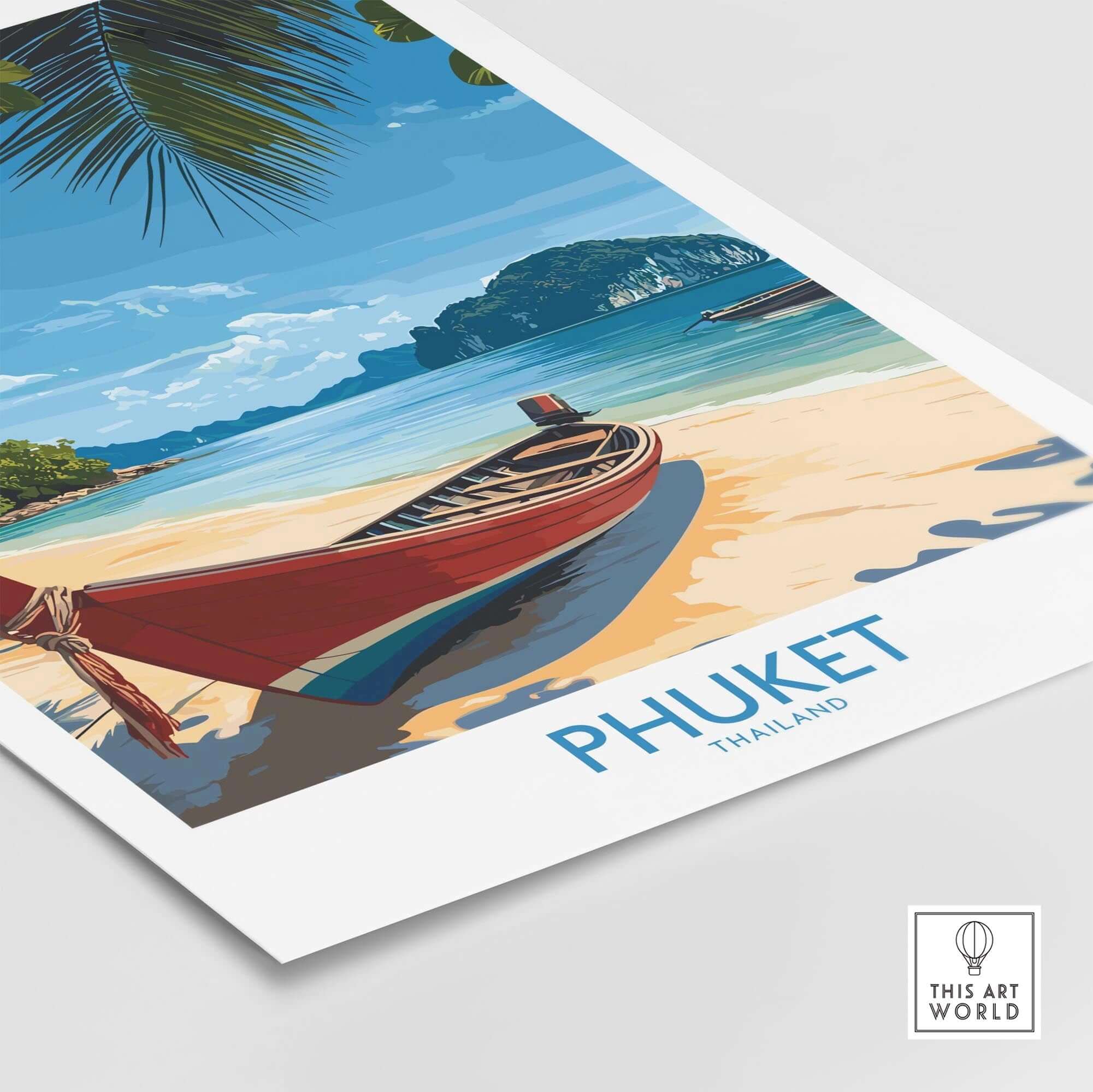 Phuket Travel Poster showcasing a stunning beach scene with a boat in Thailand's natural paradise.