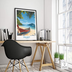 Phuket Travel Poster displayed in a stylish office, showcasing tropical scene of Phuket's beach and boat.