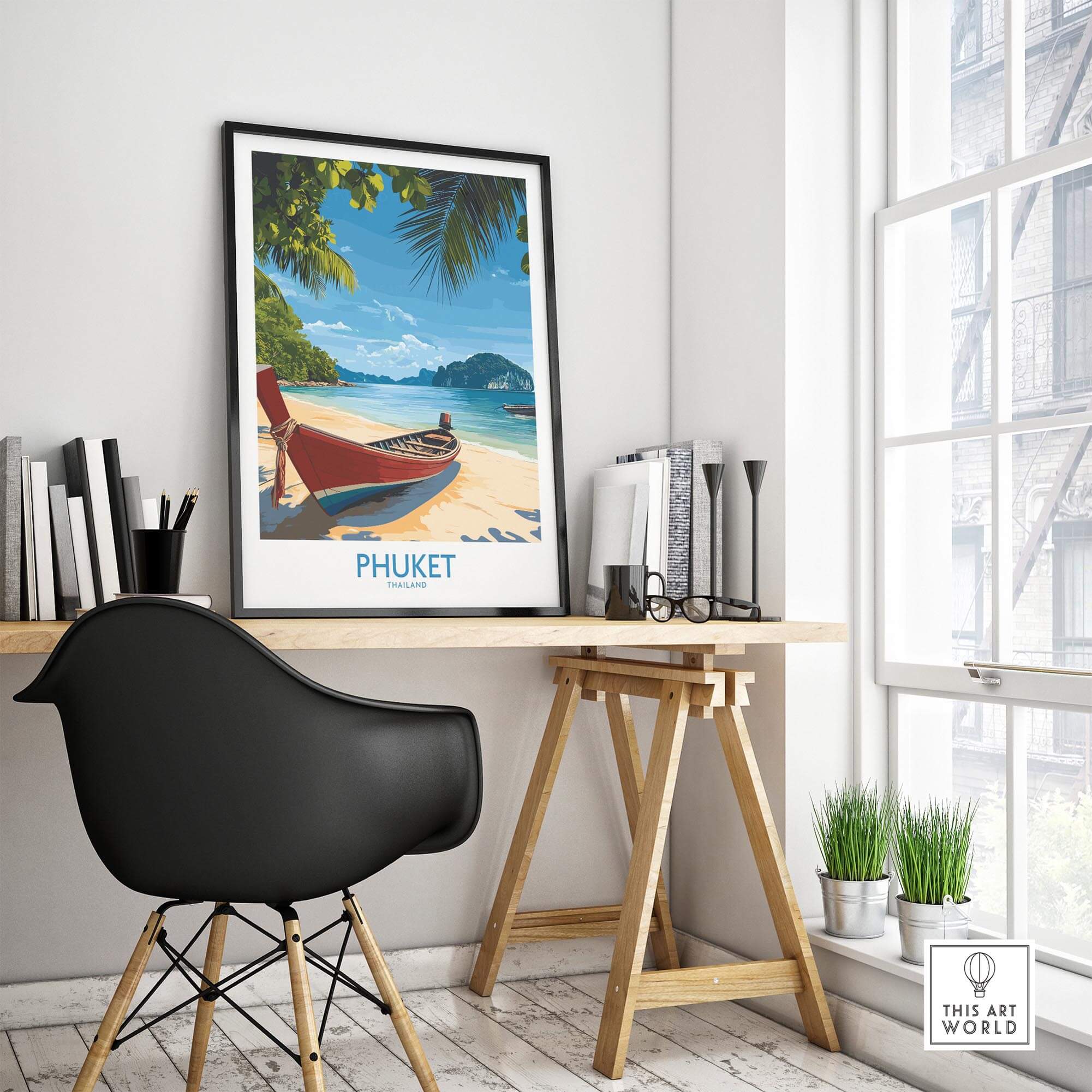 Phuket Travel Poster displayed in a stylish office, showcasing tropical scene of Phuket's beach and boat.