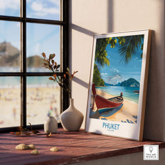 Phuket Travel Poster showcasing a tropical beach scene with a boat and palm trees, perfect for wall art.
