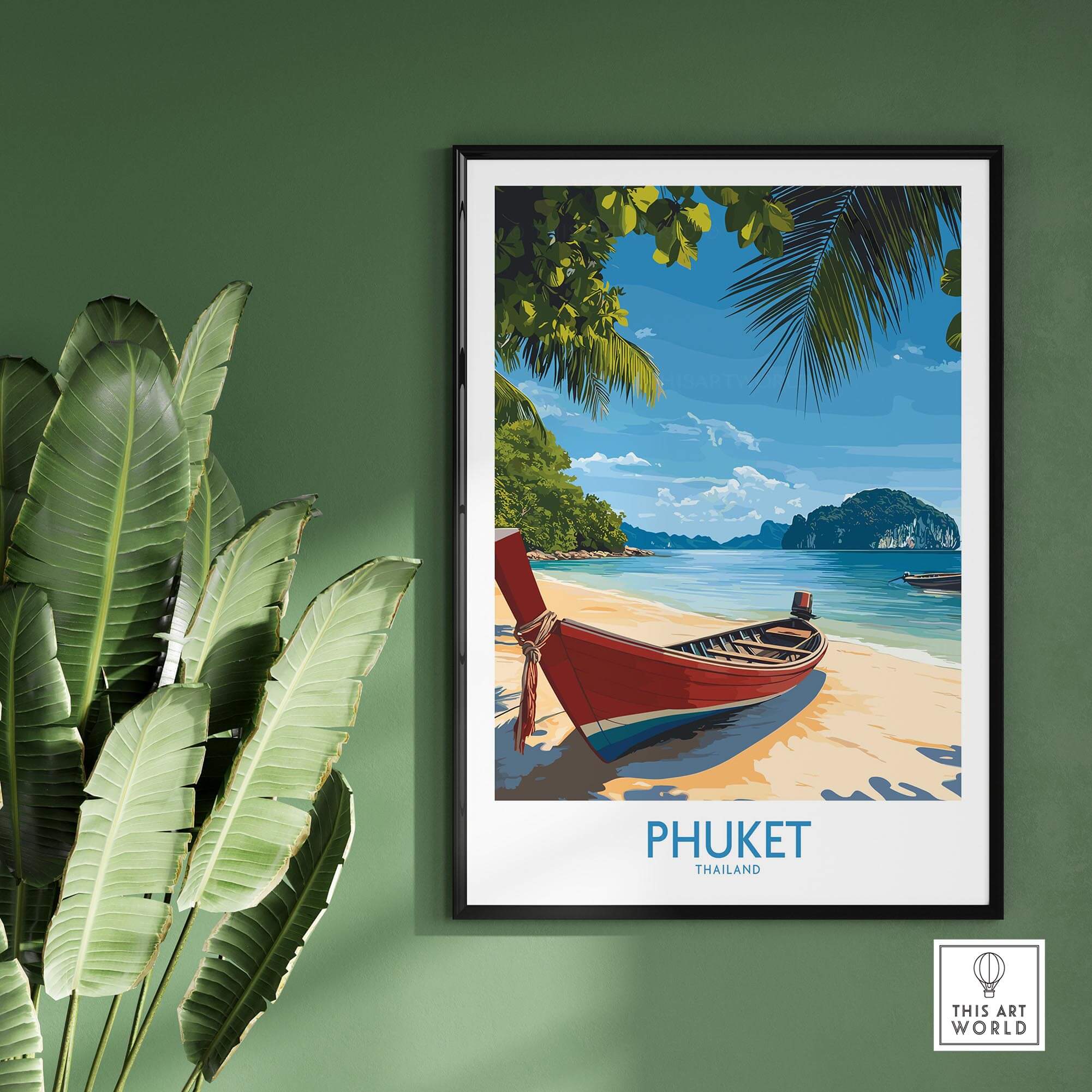 Phuket Travel Poster showcasing a beach scene in Thailand with a boat and tropical landscape.