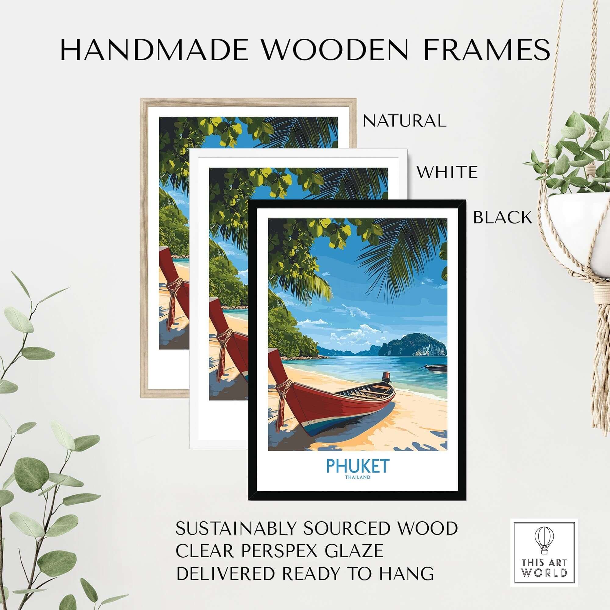 Phuket Travel Poster in handmade wooden frames, available in natural, white, and black finishes, showcasing a tropical beach view.