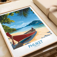 Phuket Travel Poster featuring a serene beach scene with a traditional boat in Thailand.