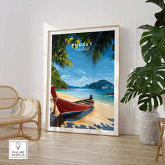 Phuket Travel Print showcasing a tropical beach scene with a boat in Thailand, perfect for brightening up any room.