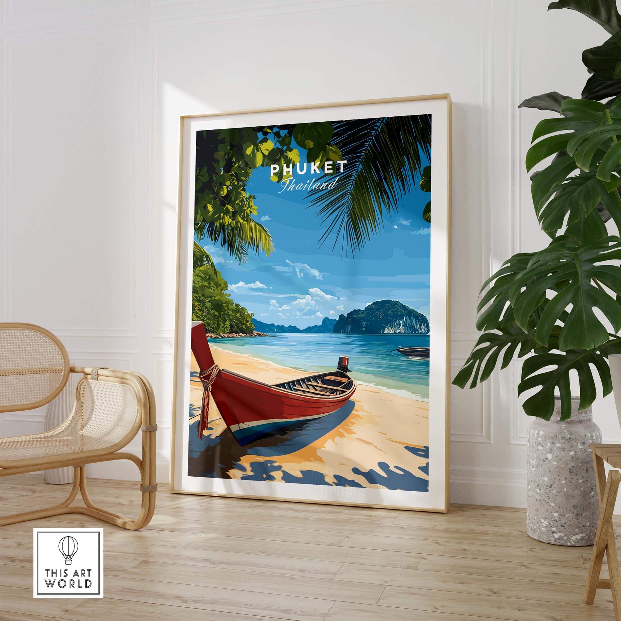 Phuket Travel Print showcasing a tropical beach scene with a boat in Thailand, perfect for brightening up any room.