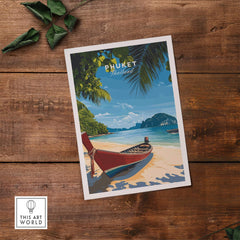 Phuket Travel Print featuring a scenic beach with boats, capturing Thailand's vibrant beauty and tropical paradise.