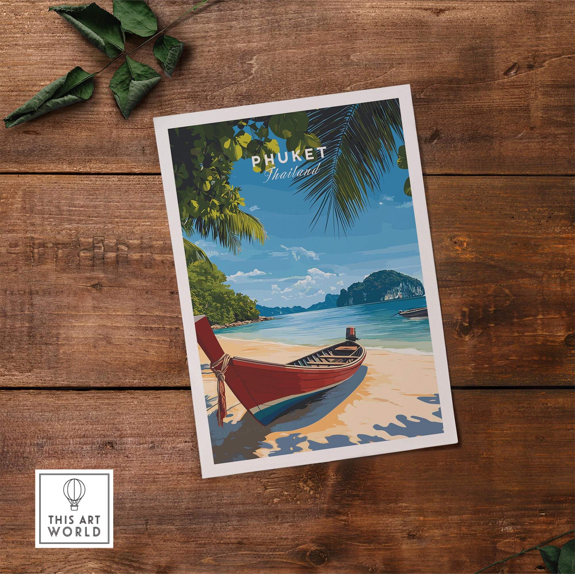 Phuket Travel Print featuring a scenic beach with boats, capturing Thailand's vibrant beauty and tropical paradise.