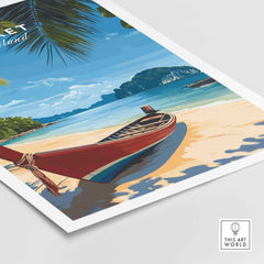Phuket Travel Print featuring a vibrant beach scene and traditional boat in Thailand, perfect for adding wanderlust to your decor.