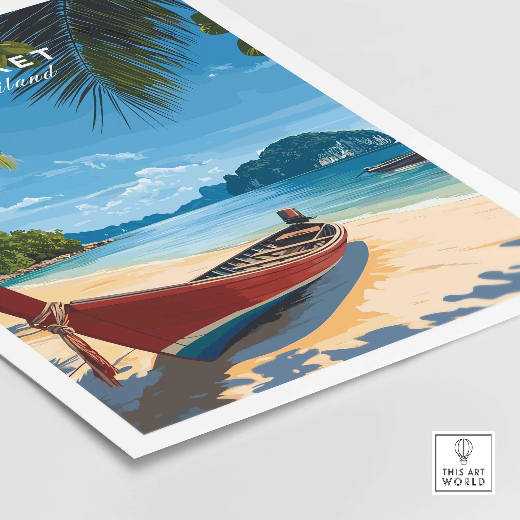Phuket Travel Print featuring a vibrant beach scene and traditional boat in Thailand, perfect for adding wanderlust to your decor.