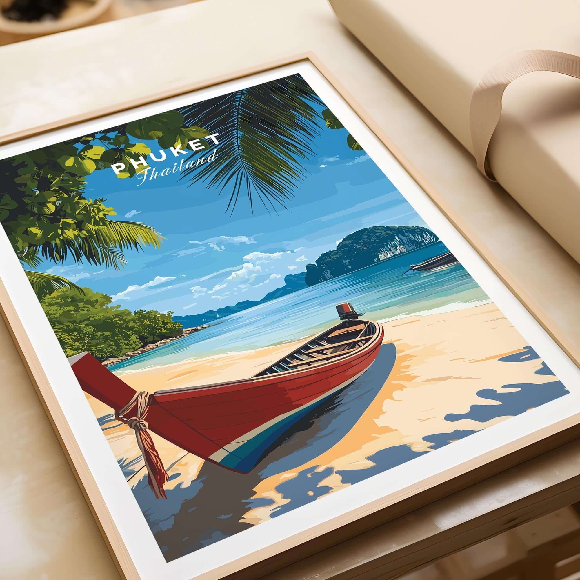 Phuket Travel Print featuring a vibrant beach scene with a traditional Thai boat on golden sands.