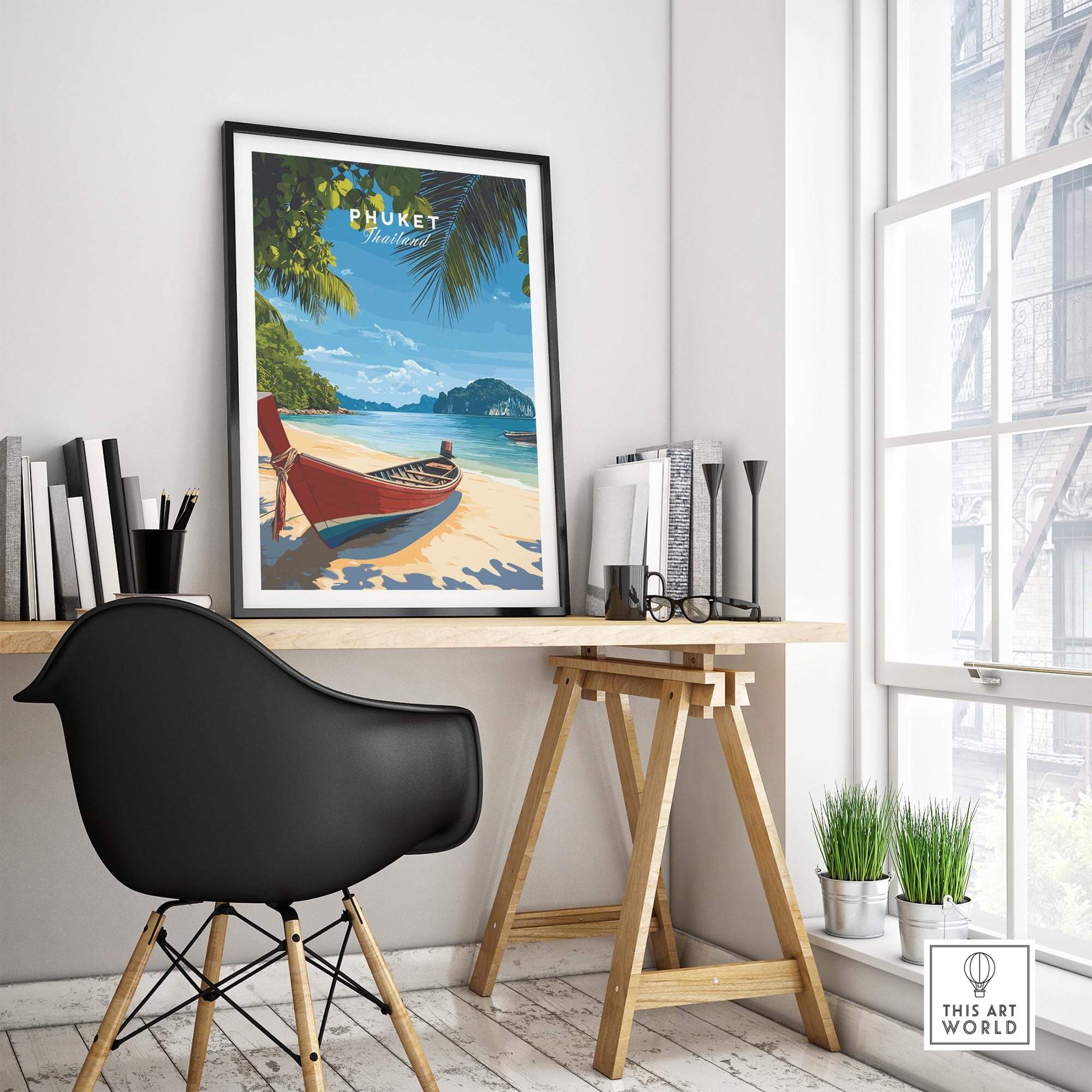 Phuket Travel Print showcasing a beautiful beach scene and boat, perfect for adding wanderlust to your space.