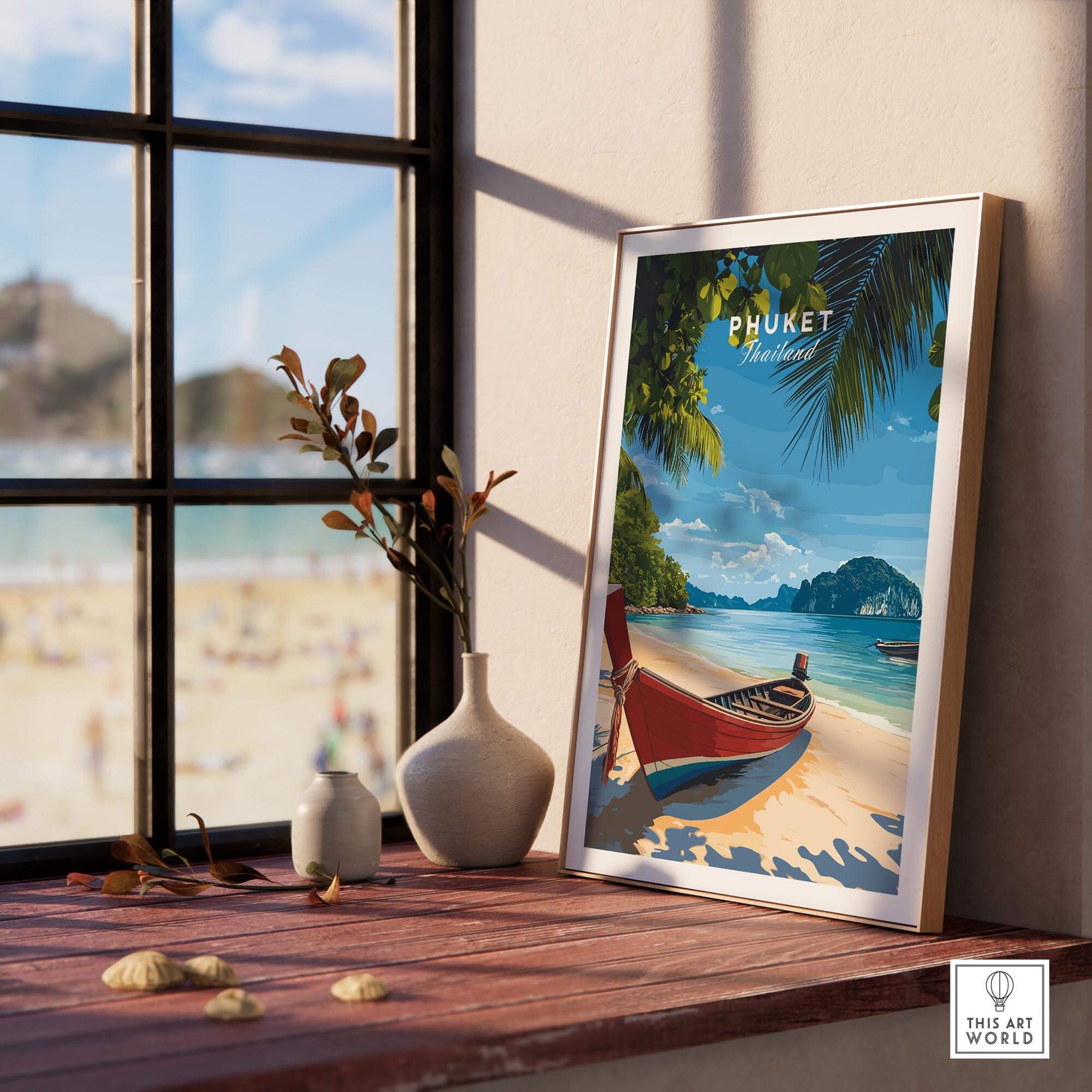 Phuket Travel Print depicting a stunning beach scene with a charming boat and tropical landscape.