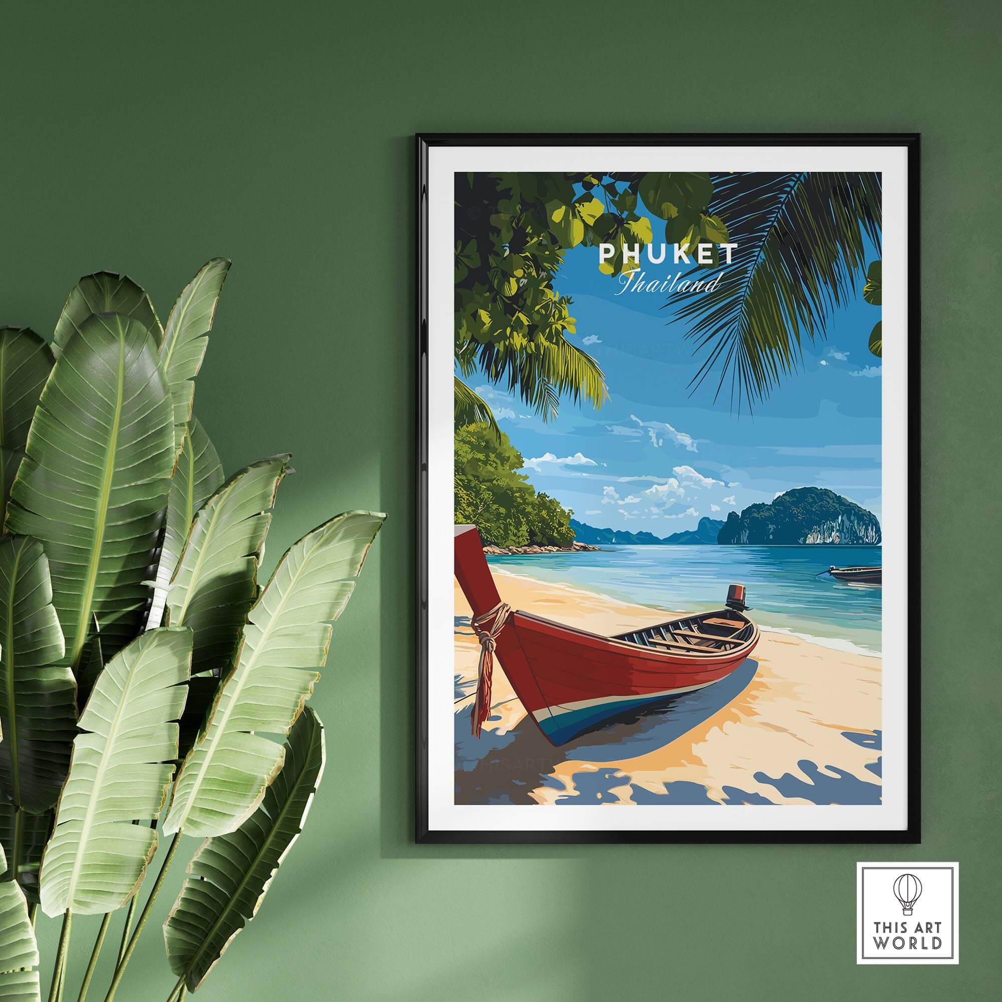 Phuket Travel Print featuring a vibrant beach scene with a boat, perfect for tropical decor in any room.