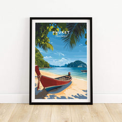 Phuket Travel Print featuring a picturesque beach and boat scenery in Thailand, perfect for wanderlust decor.