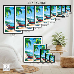 Phuket Wall Art Print size guide displaying various frame sizes for a serene beach scene with traditional boat.