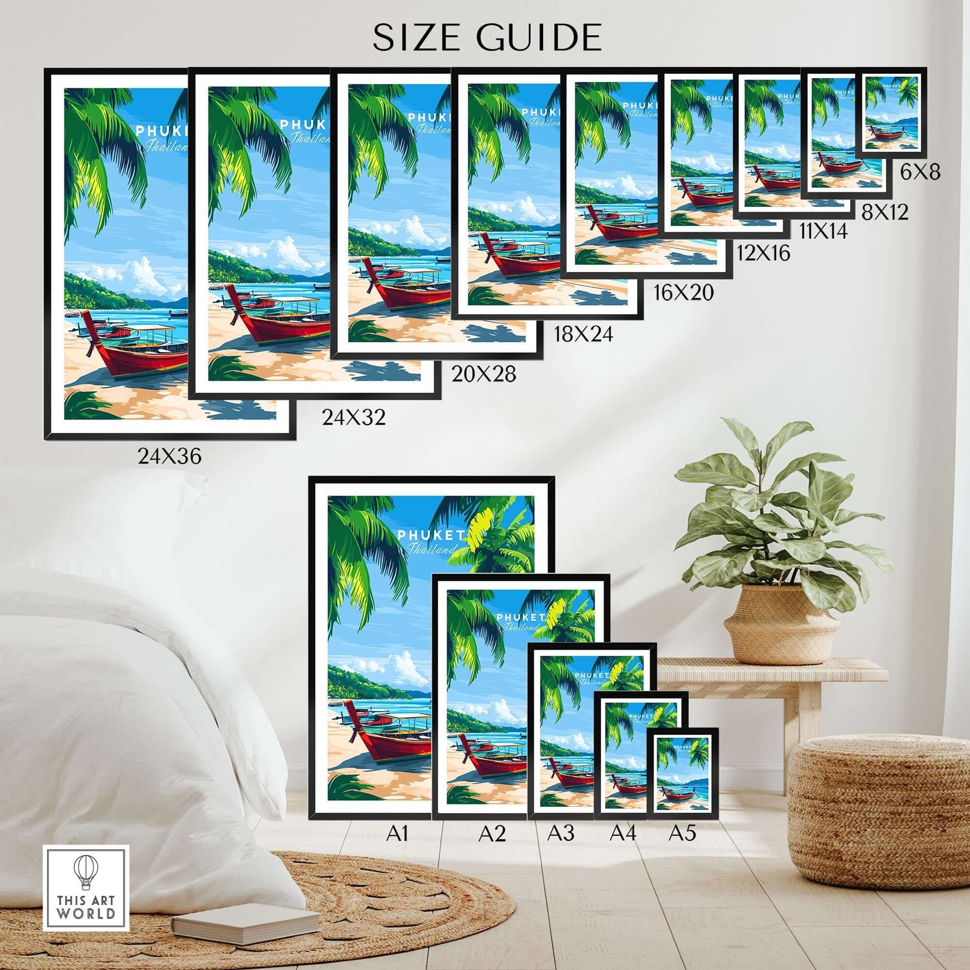 Phuket Wall Art Print size guide displaying various frame sizes for a serene beach scene with traditional boat.