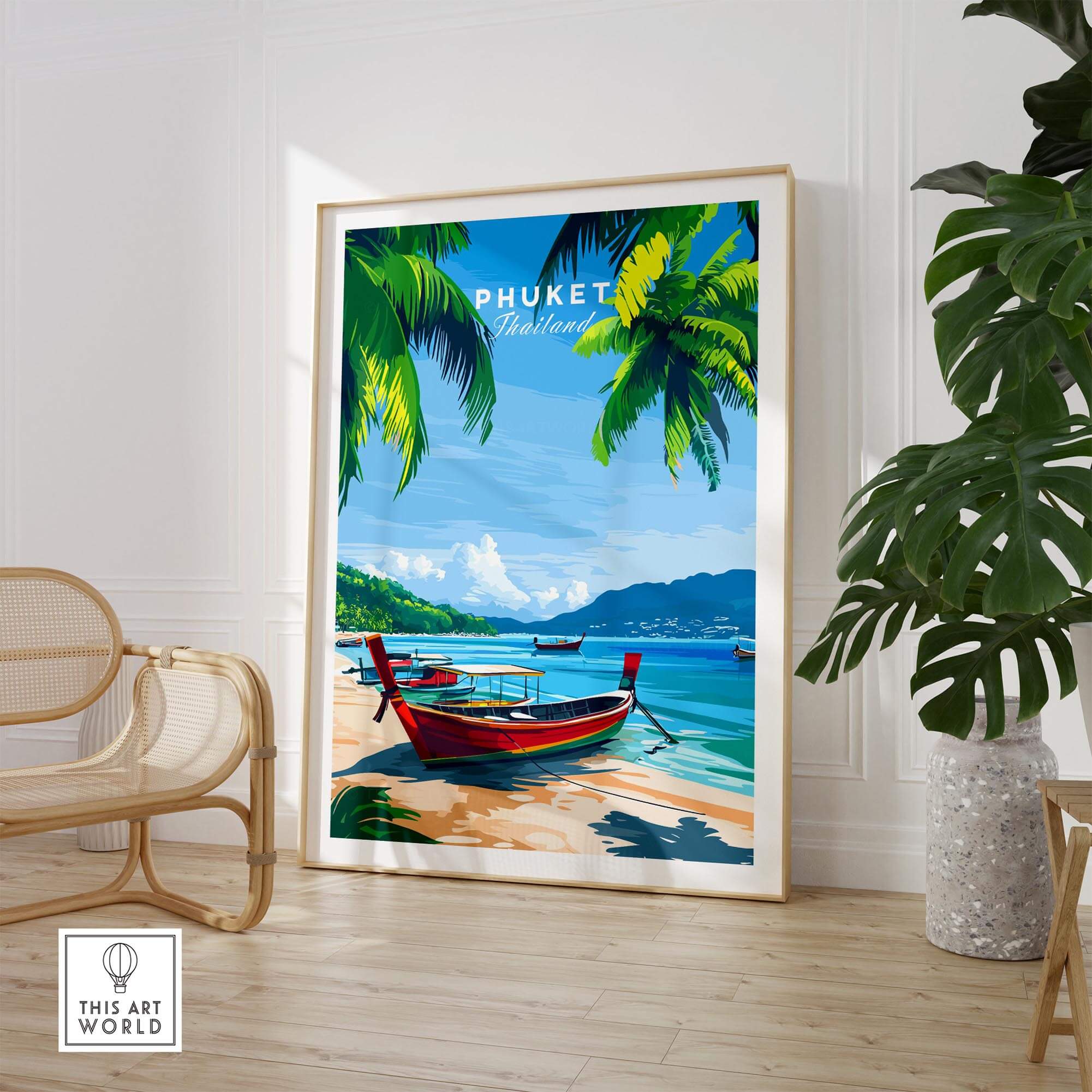 Phuket Wall Art Print featuring tropical scenery, serene beach, and traditional boat, bringing relaxation to your space.