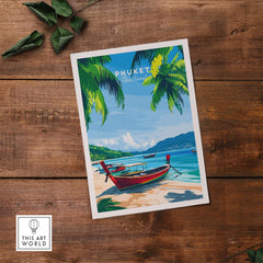 Phuket Wall Art Print featuring a vibrant beach scene with palm trees and a traditional boat.