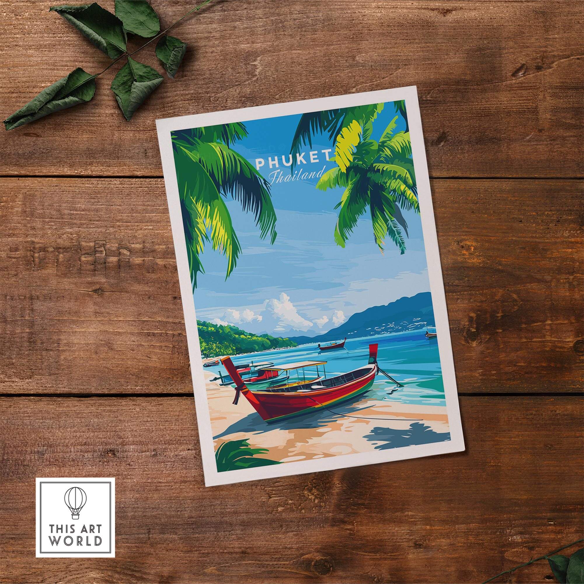 Phuket Wall Art Print featuring a vibrant beach scene with palm trees and a traditional boat.