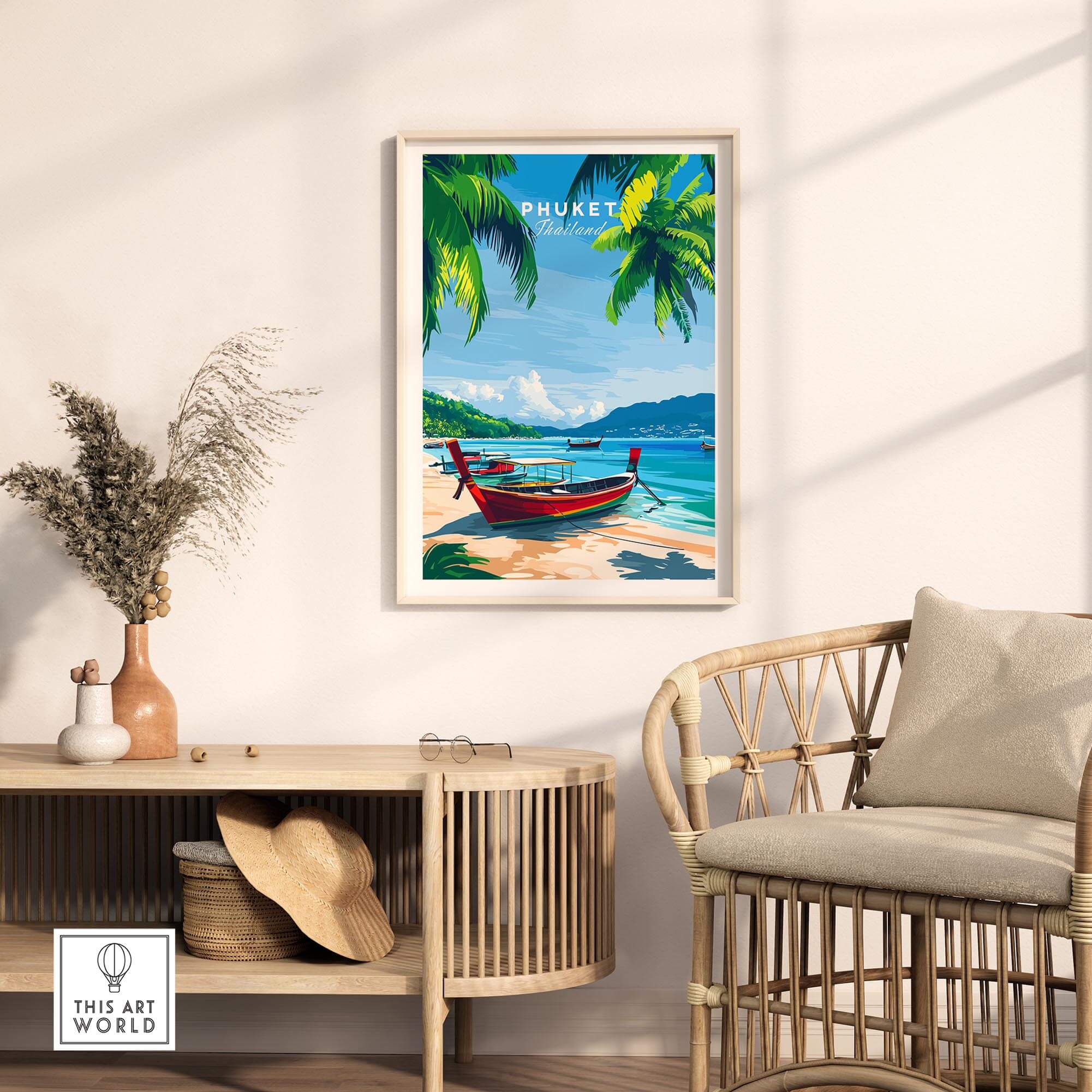 Phuket Wall Art Print featuring a serene beach and traditional boat surrounded by tropical greenery in a stylish interior setting.