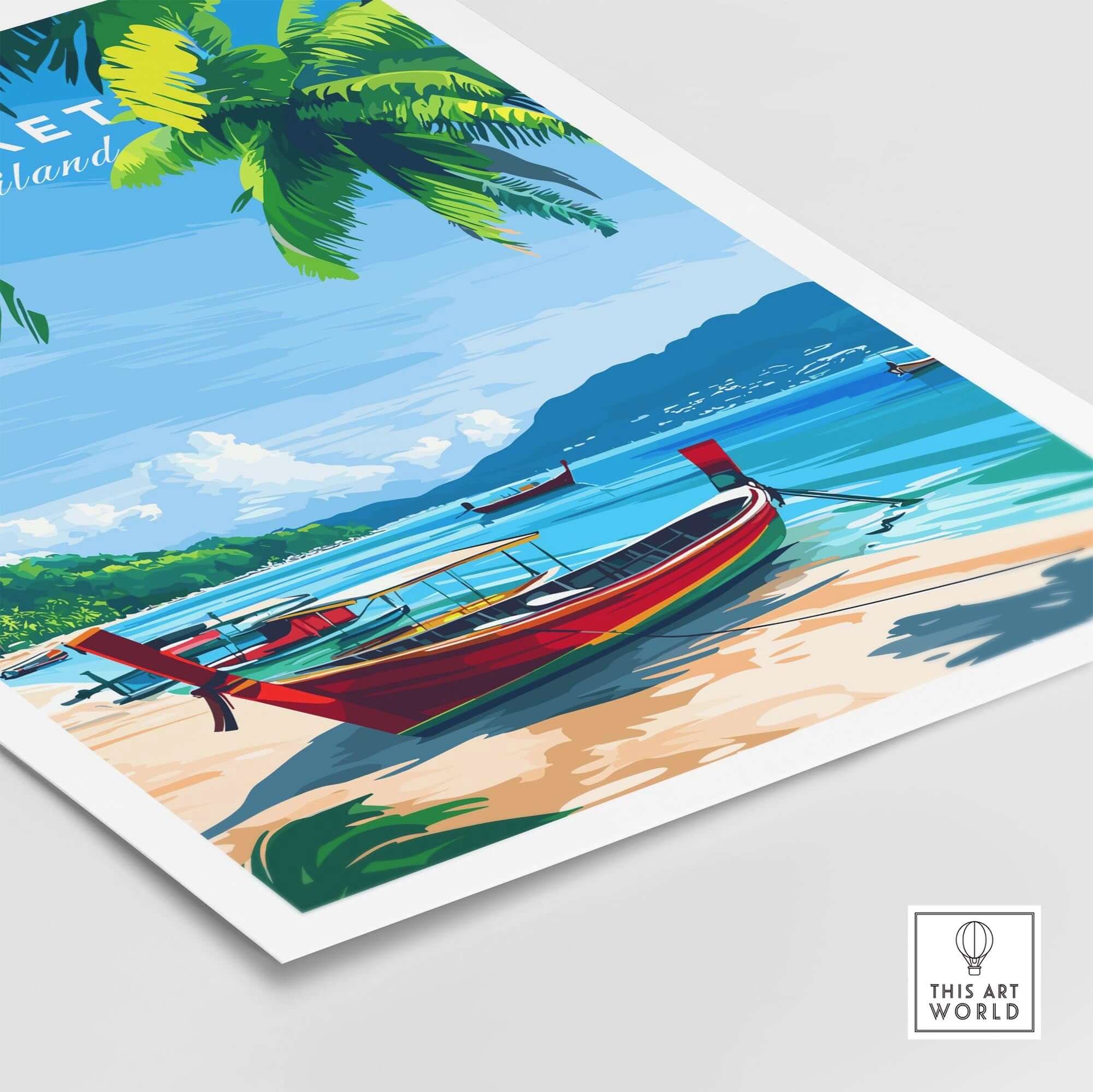 Phuket Wall Art Print featuring a serene beach and traditional boat, capturing the beauty of Phuket's tropical paradise.