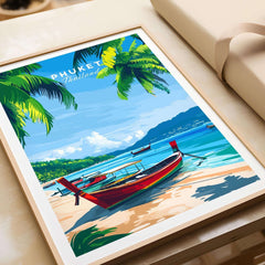 Phuket Wall Art Print showcasing a serene beach with traditional boat and palm trees, capturing the essence of Thailand.