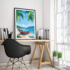 Phuket Wall Art Print featuring a serene beach and traditional boat in a modern office setting.