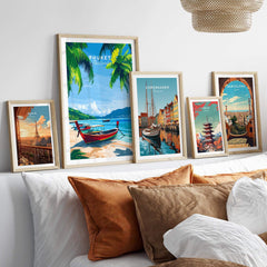 Phuket Wall Art Print featuring a serene beach and boat, surrounded by other travel posters.