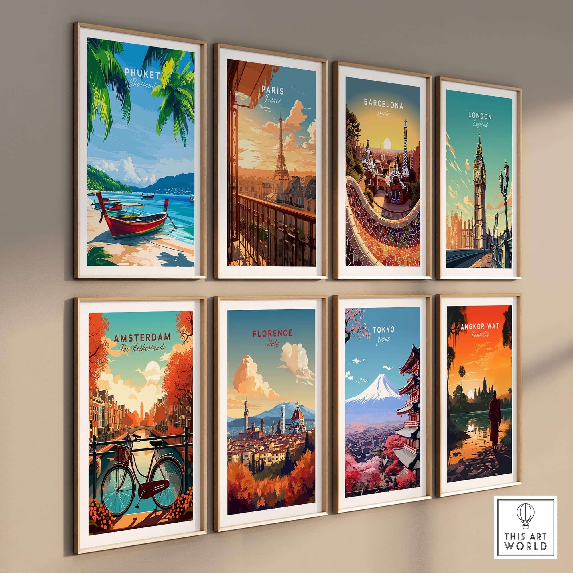 Phuket Wall Art Print among travel posters showcasing global destinations, including Paris and Tokyo.