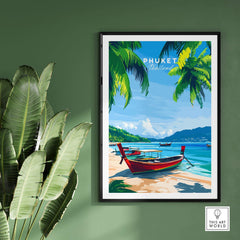 Phuket Wall Art Print featuring a serene beach and traditional boat in Thailand, capturing the beauty of paradise.