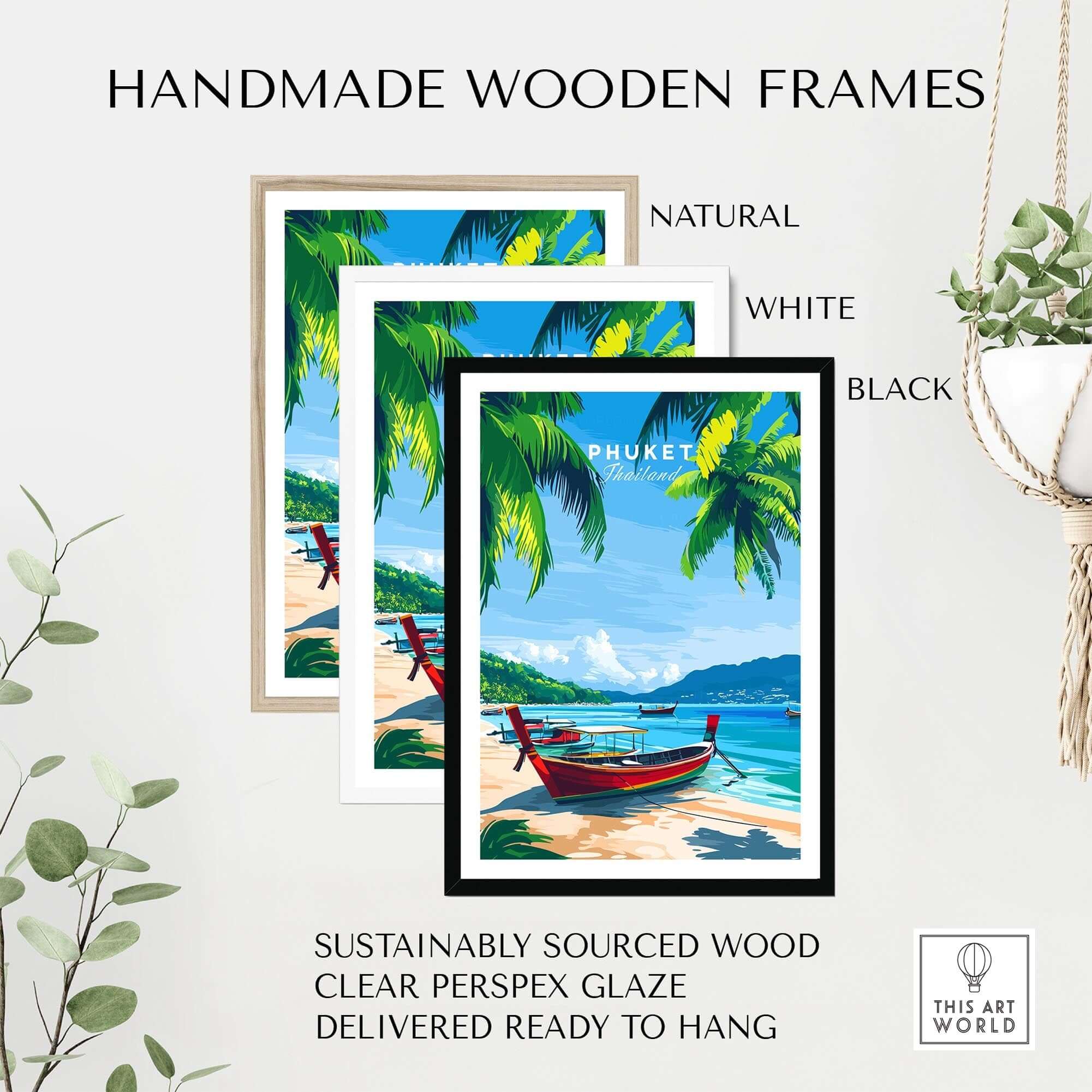Phuket Wall Art Print in handmade wooden frames: natural, white, and black options with clear glaze.