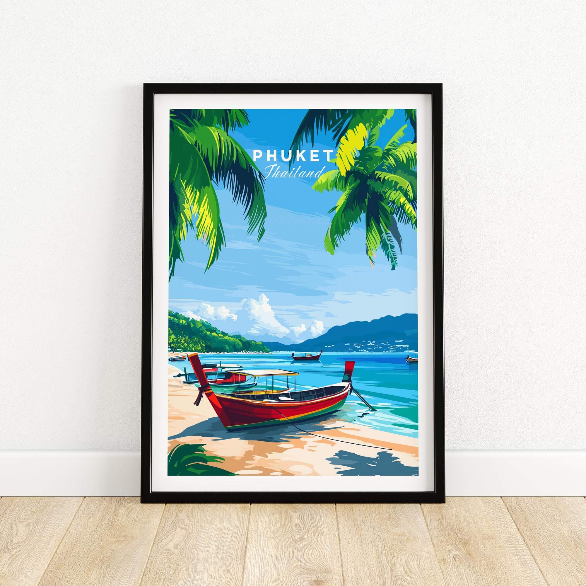 Phuket Wall Art Print showcasing a serene beach with a traditional boat and palm trees in vibrant colors.