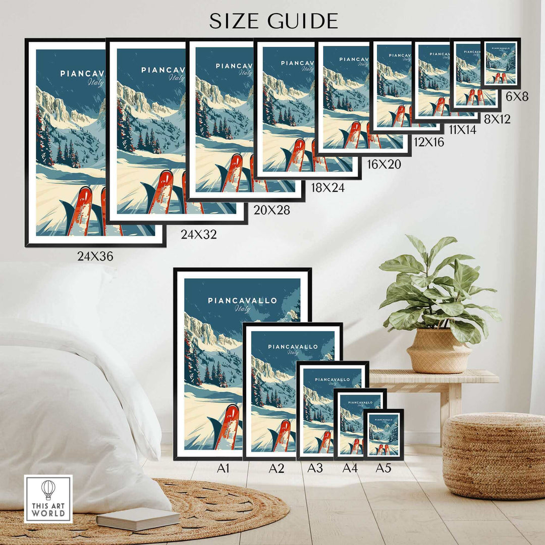 Piancavallo Ski Poster size guide featuring various dimensions for wall art showcasing Italian ski resort scenery.