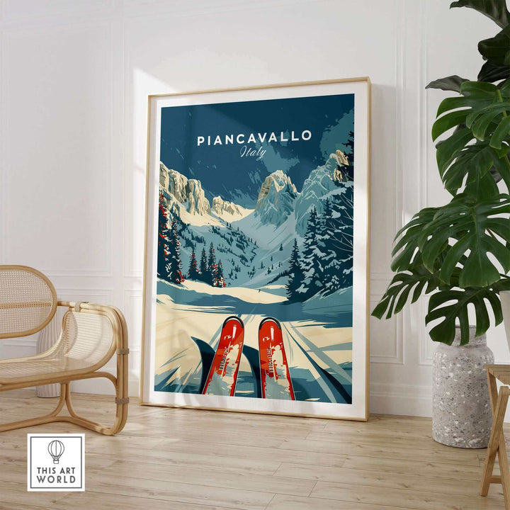 Vintage Piancavallo Ski Poster in Italy with red skis, displayed in a modern room, perfect for winter sports enthusiasts and decor lovers.