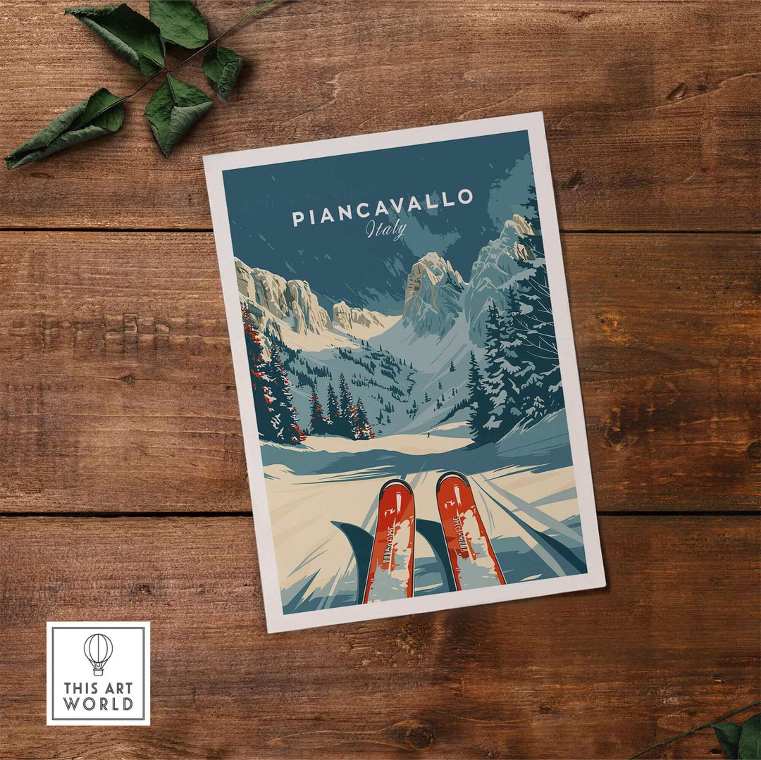 Vintage Piancavallo Ski Poster featuring snowy alpine landscape, Italy, perfect for ski enthusiasts and home decor.