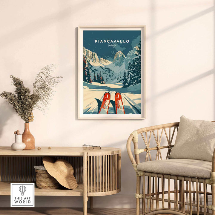 Piancavallo Ski Poster featuring snowy Italian mountains, displayed in a cozy living room. Perfect decor for ski enthusiasts.