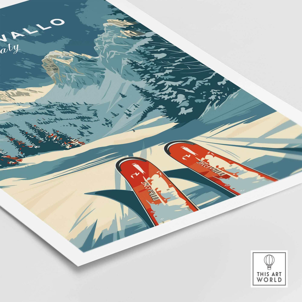 Vintage Piancavallo Ski Poster featuring snowy Italian mountains and red skis, perfect for ski enthusiasts and art lovers.