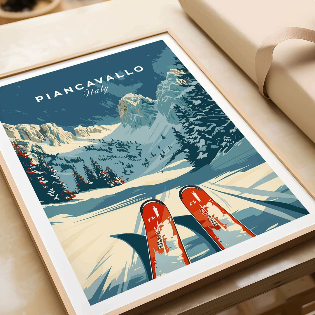 Vintage Piancavallo Ski Poster featuring Italian Alps and skis, perfect wall decor for winter sports enthusiasts.