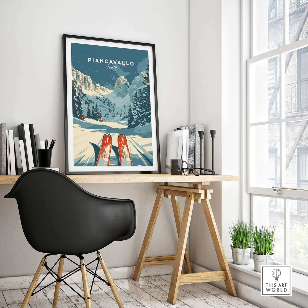 Stylish interior featuring Piancavallo Ski Poster, Italy. Modern desk decor, cozy space, and mountain art for home or office.