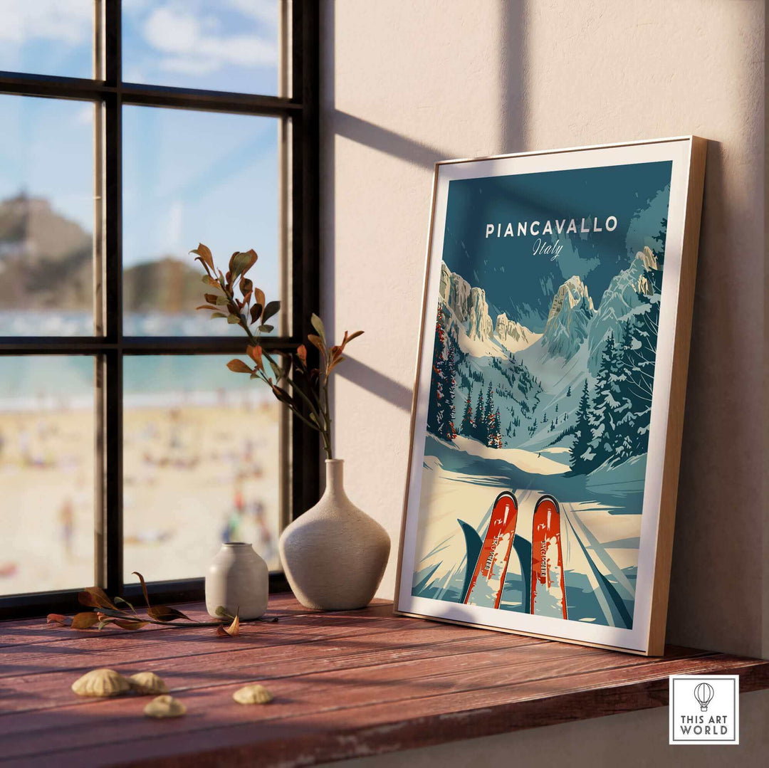 Vintage Piancavallo Ski Poster featuring Italian Alps scenery, framed and displayed on a windowsill with decor items nearby.