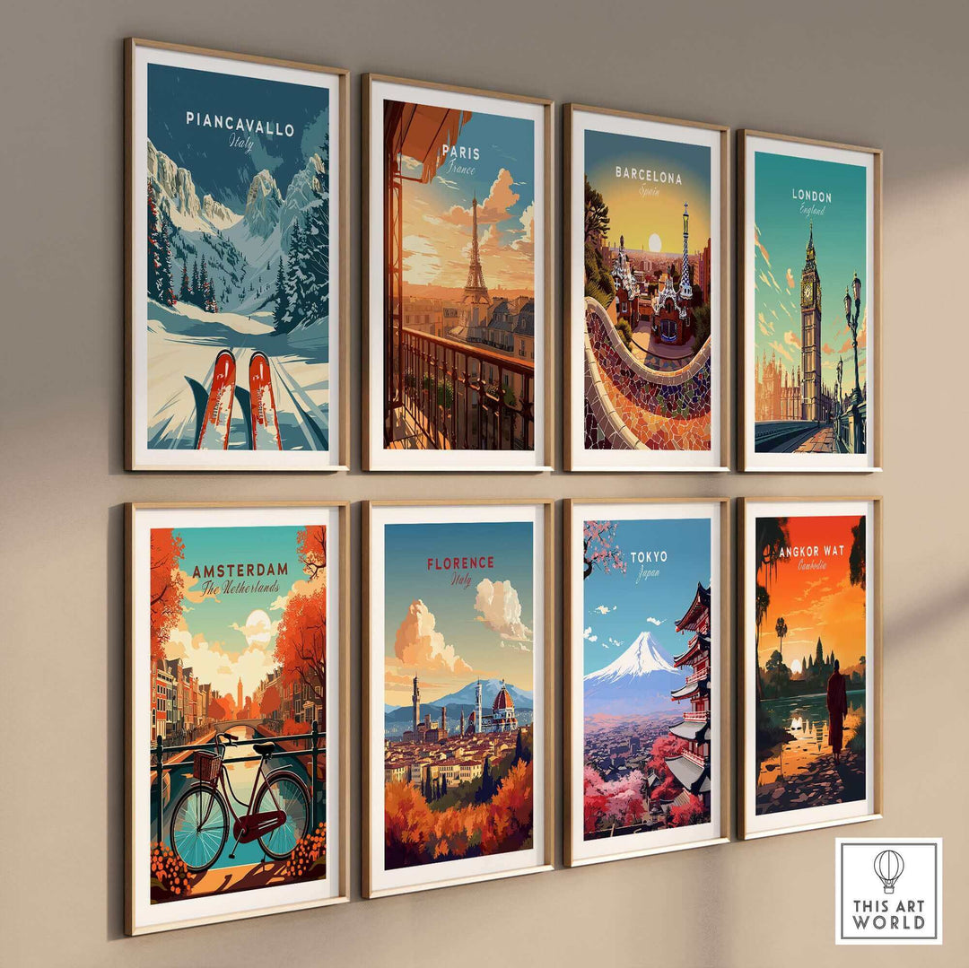 Wall display of nine vintage travel posters, including a Piancavallo Ski Poster, showcasing iconic destinations like Paris and Tokyo.