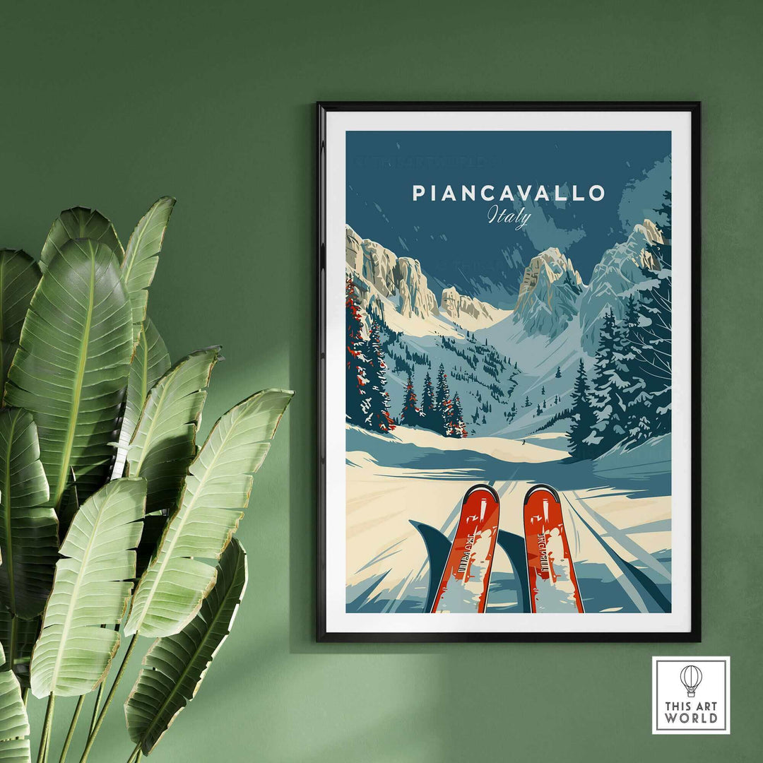 Vintage-style Piancavallo Ski Poster depicting snowy Italian mountains and skis, perfect for ski enthusiasts and art collectors.