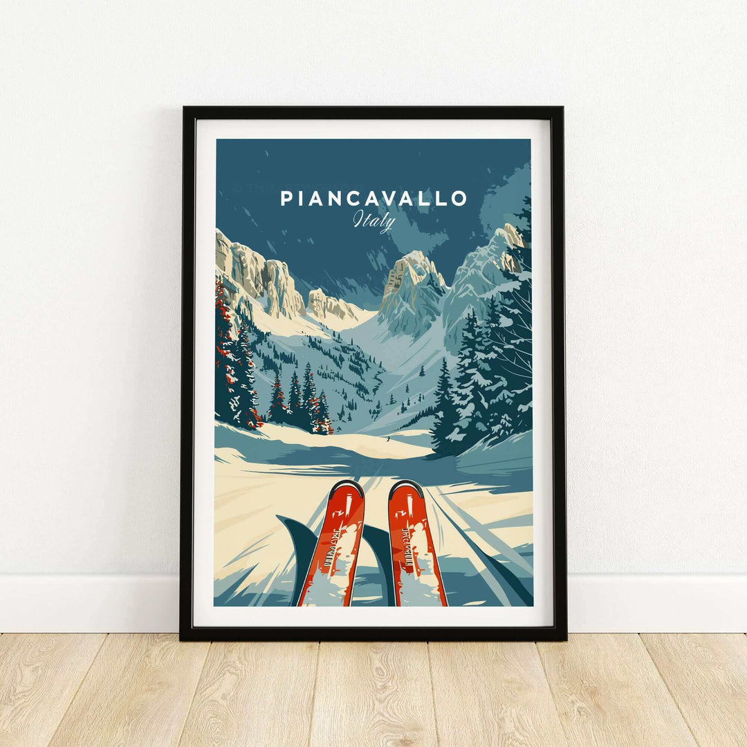 Vintage Piancavallo Ski Poster, Italy - Scenic winter landscape with vintage skis, ideal wall art for ski enthusiasts.