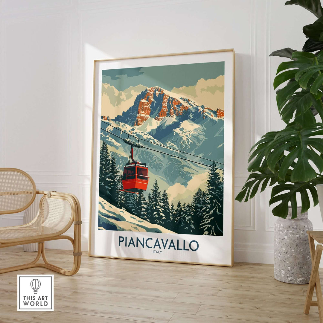 Piancavallo ski print showcasing a red gondola and snowy mountains in Italy, perfect for ski enthusiasts' wall art.