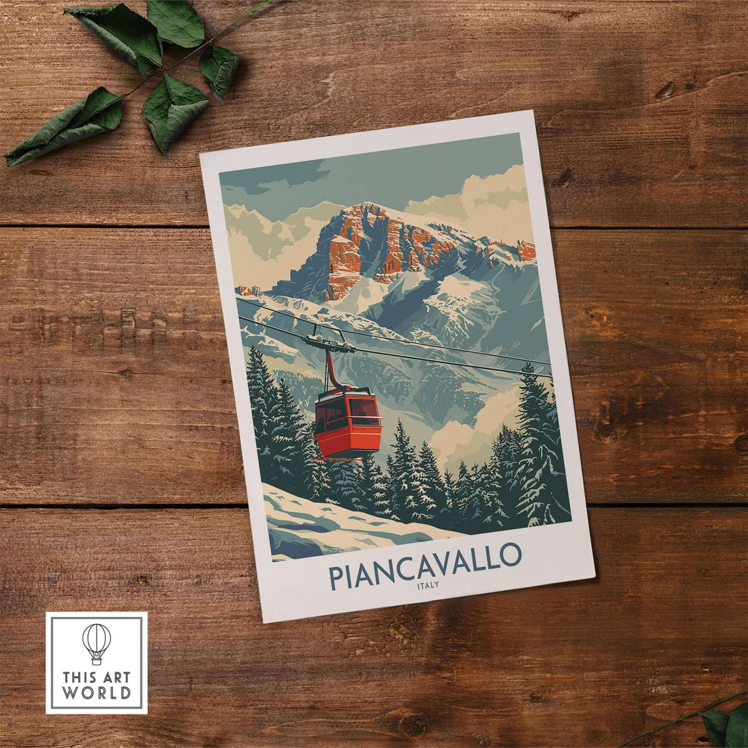 Piancavallo ski print showcasing a cable car and stunning mountain scenery in Italy, perfect for ski enthusiasts.