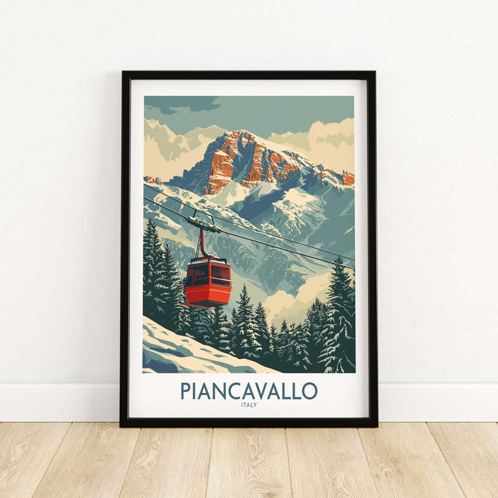 Piancavallo Ski Print showcasing a cable car and majestic mountains, perfect for ski enthusiasts and home decor.