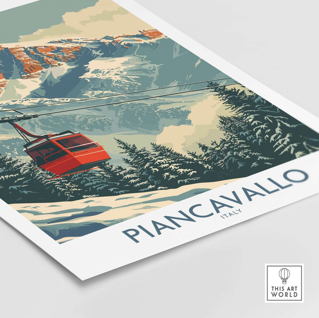 Piancavallo Ski Print featuring a scenic gondola and snow-covered slopes in Italy, perfect for ski enthusiasts and wall art.