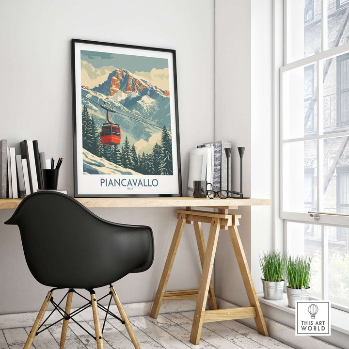 Piancavallo Ski Print showcased in a stylish office setting with a modern chair and wooden table, highlighting winter sports beauty.